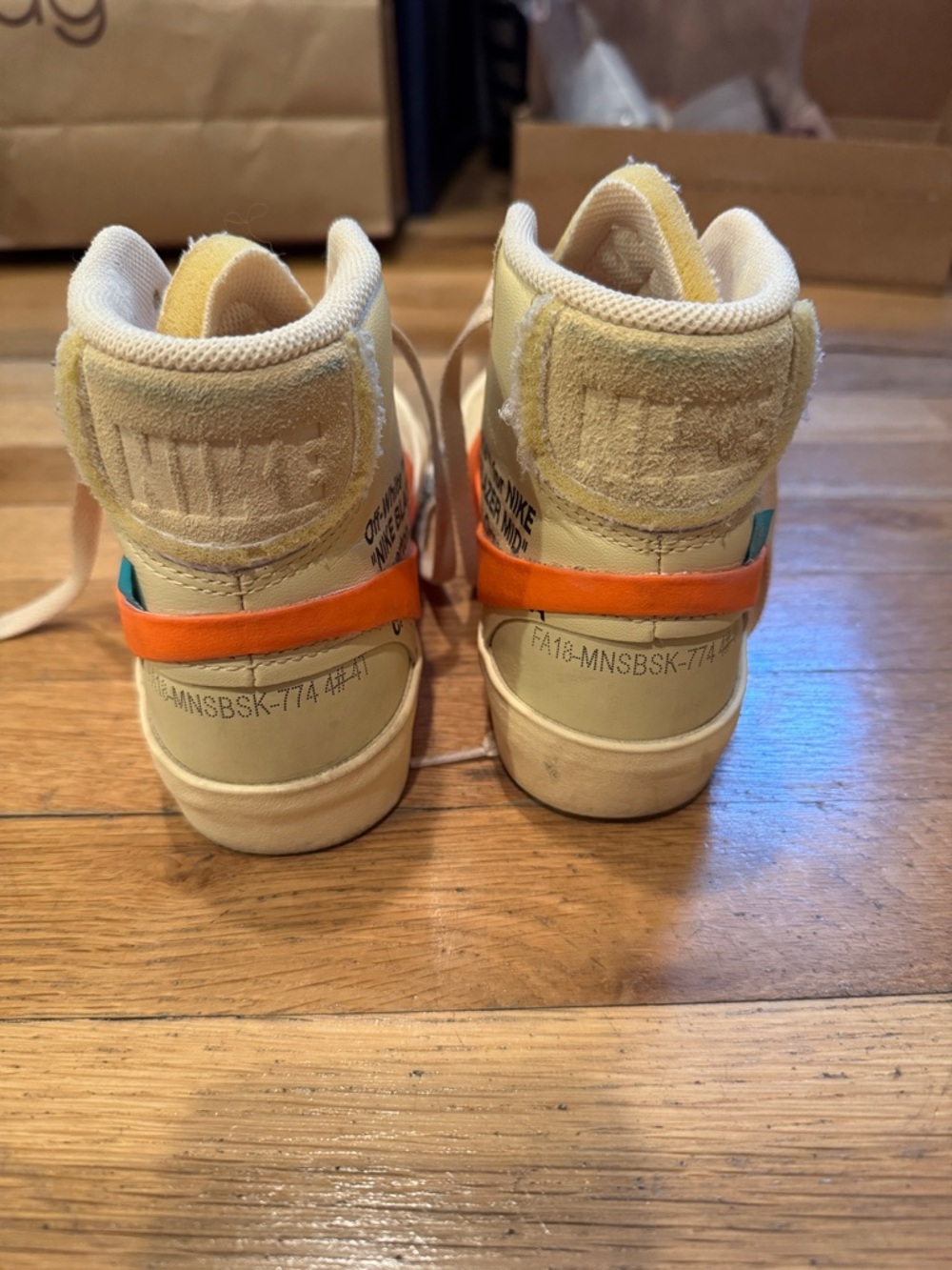 Nike/Off White collab High-Top Sneakers in Cream with Bright Orange Swoosh - Picture 2 of 8